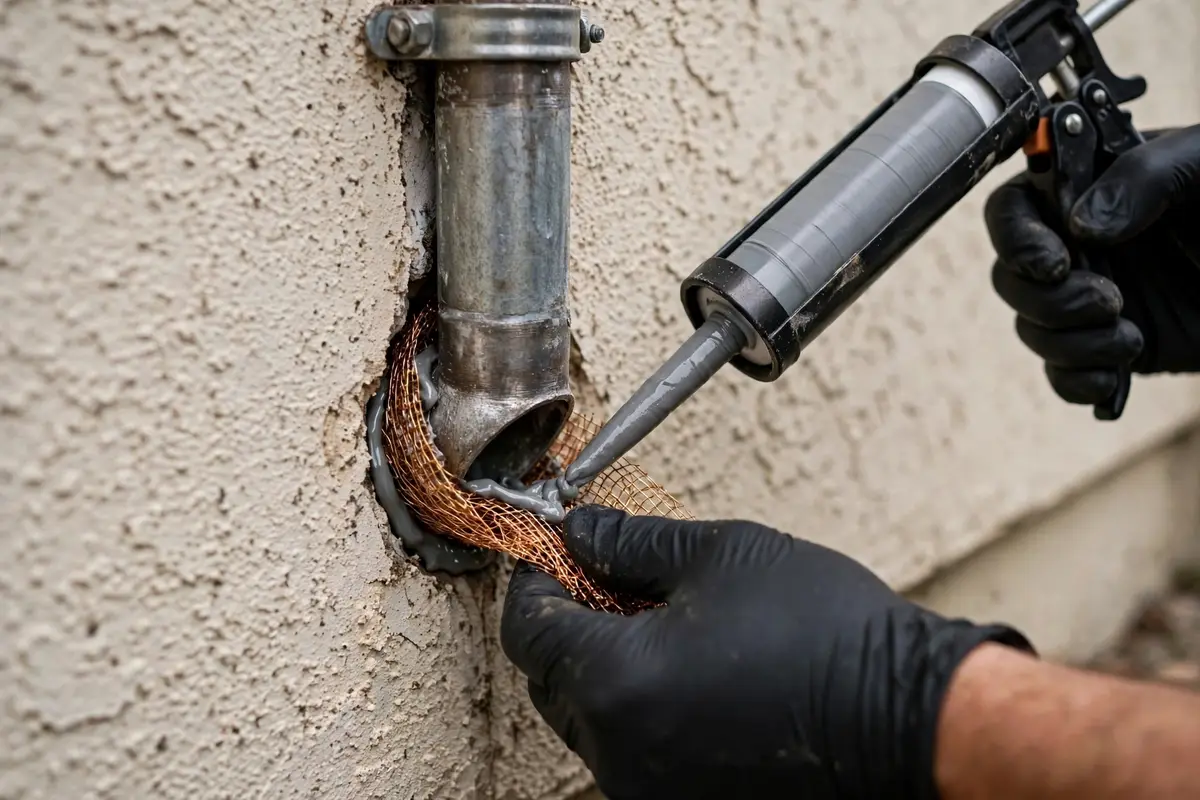 Technician sealing a mouse entry point with copper mesh and metal flashing on a Smyrna home